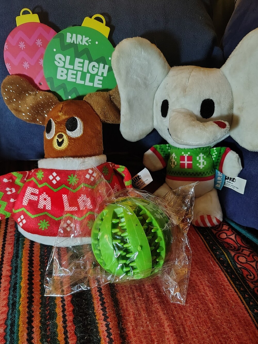 NWT BarkBox Holiday Dog Toy Lot of 3 - Dwight Elephant, Sleigh Belle &Green Ball